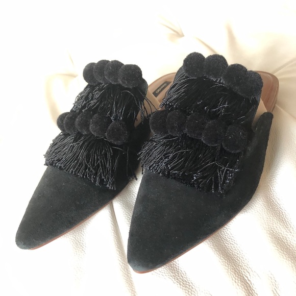 Mango Shoes - NWT Mango SlipOn Shoes Black Suede Pompons&Fringes